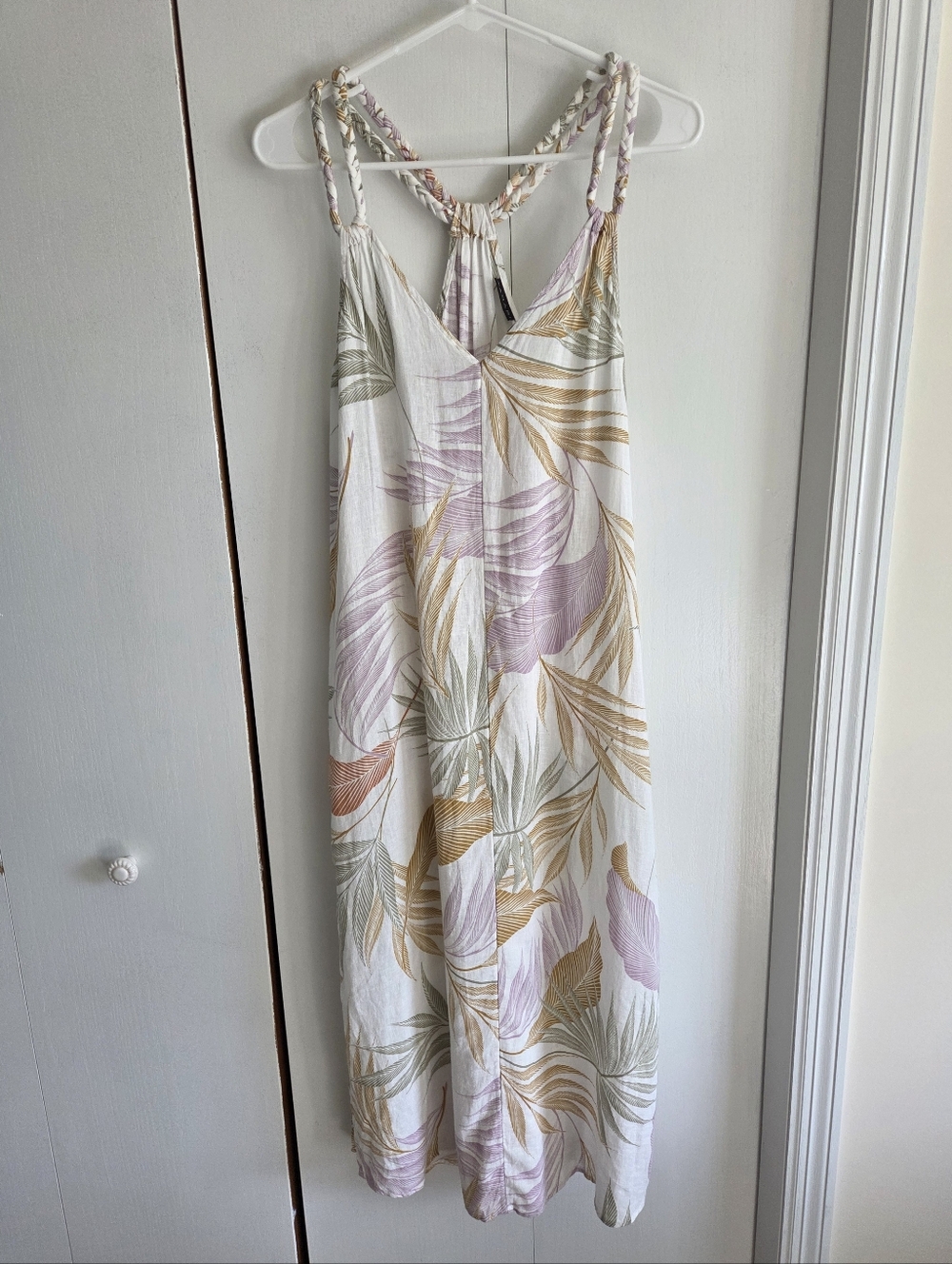Tahari White Maxi Dress with Lavender, Mustard & Sage Leaf Print